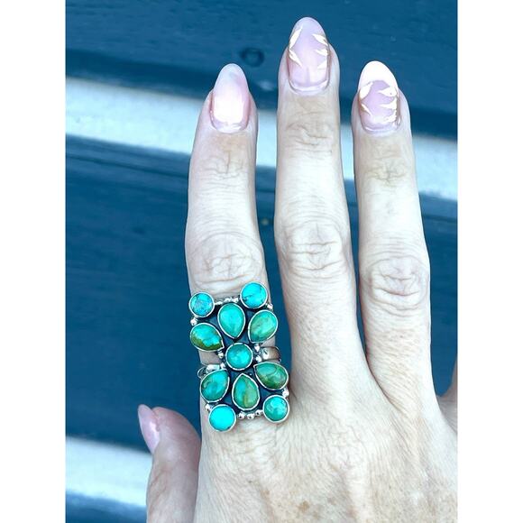 Sterling Silver NATIVE Style Turquoise Cluster Ring Adj 6-9 Large SW Statement - Picture 3 of 9